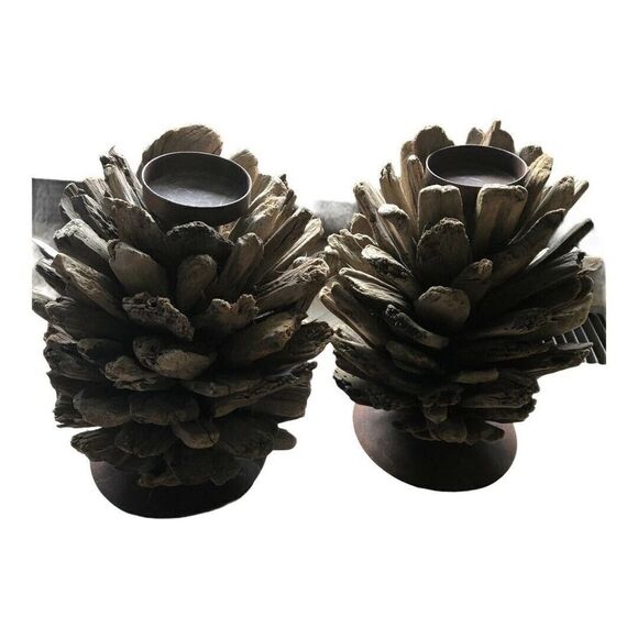 Driftwood Rustic Metal Base Candle Holder Set 2 - Picture 1 of 12